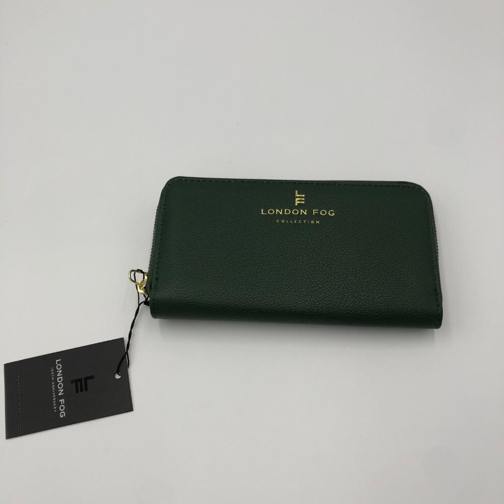 London Fog Cambridge Zip Around Wallet Army‎  Green Faux Leather For Women NWT